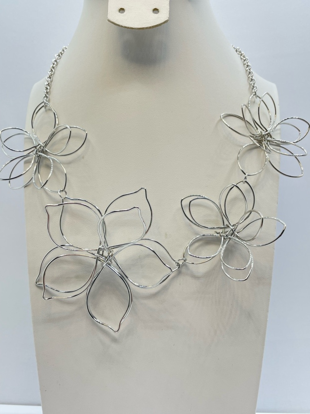 Silver Tone Open Flower Statement Necklace Bold Floral Modern Wire Design